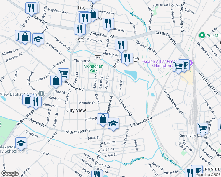 map of restaurants, bars, coffee shops, grocery stores, and more near 404 Smythe Street in Greenville