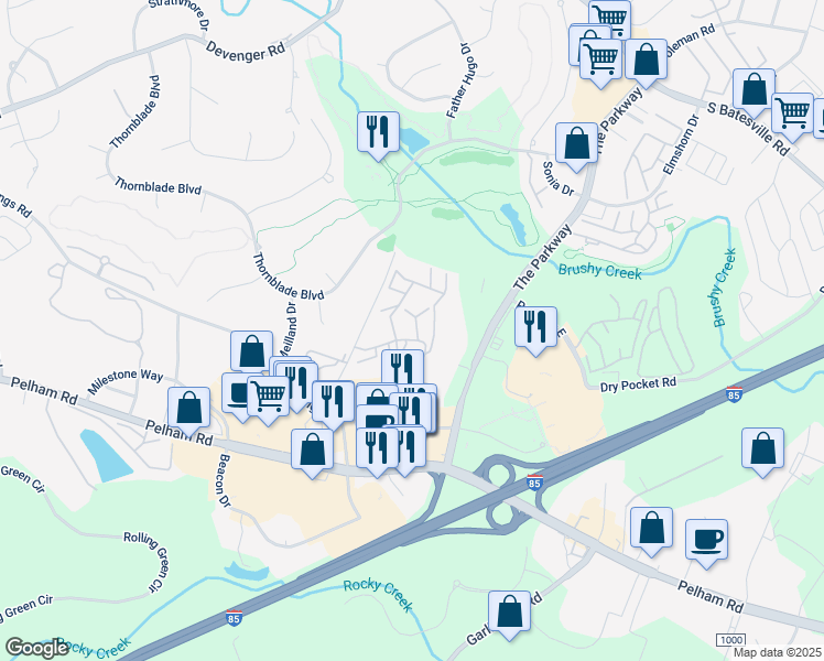 map of restaurants, bars, coffee shops, grocery stores, and more near 31 Bent Oak Road in Greer