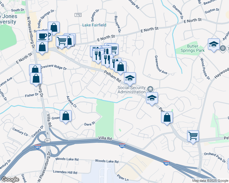 map of restaurants, bars, coffee shops, grocery stores, and more near 10 Lampost Drive in Greenville