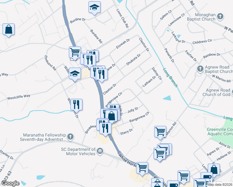 map of restaurants, bars, coffee shops, grocery stores, and more near 14 Claxton Drive in Greenville