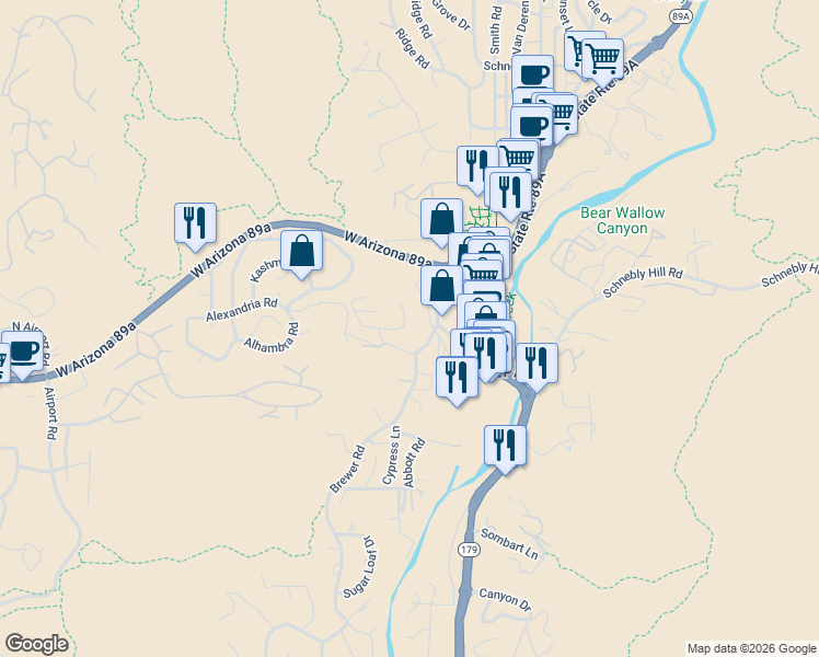 map of restaurants, bars, coffee shops, grocery stores, and more near 300 Sedona Vista Drive in Sedona