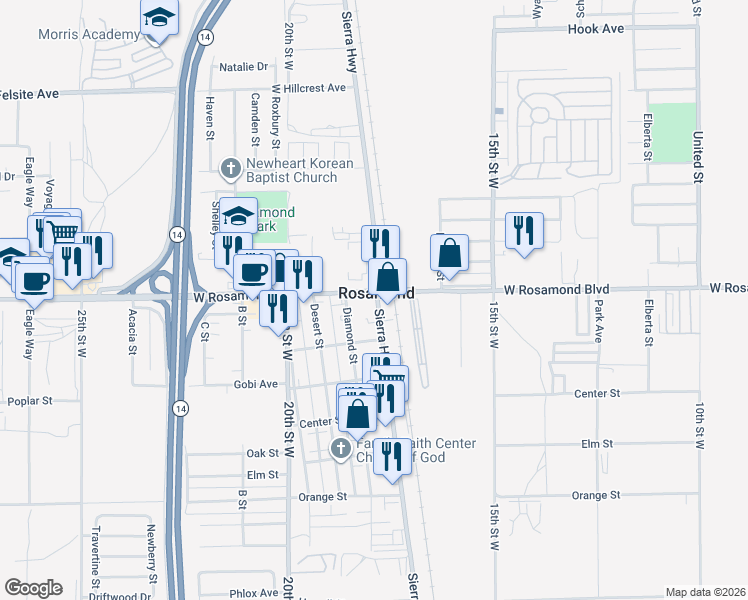 map of restaurants, bars, coffee shops, grocery stores, and more near in Rosamond