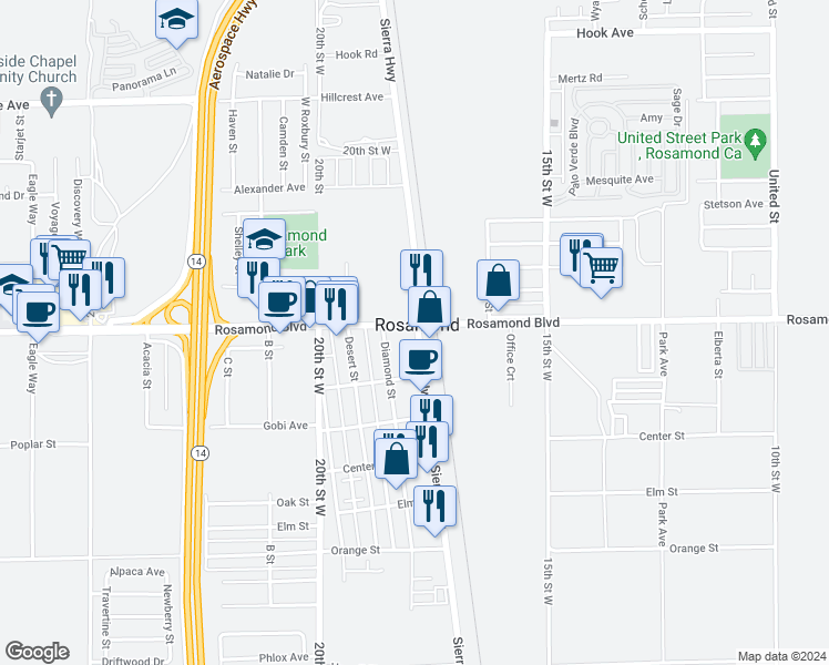 map of restaurants, bars, coffee shops, grocery stores, and more near  in Rosamond
