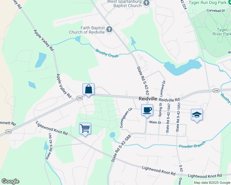 map of restaurants, bars, coffee shops, grocery stores, and more near 7498 Reidville Road in Woodruff