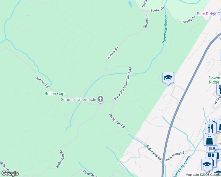 map of restaurants, bars, coffee shops, grocery stores, and more near Long View Lane in Blue Ridge