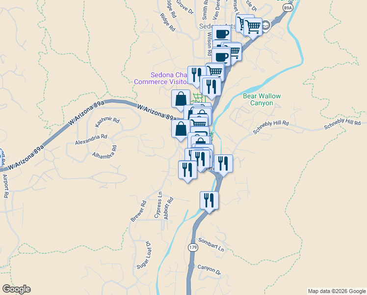 map of restaurants, bars, coffee shops, grocery stores, and more near in Sedona