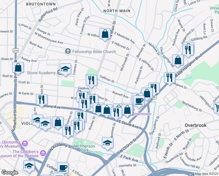 map of restaurants, bars, coffee shops, grocery stores, and more near 28 A Gallivan Street in Greenville