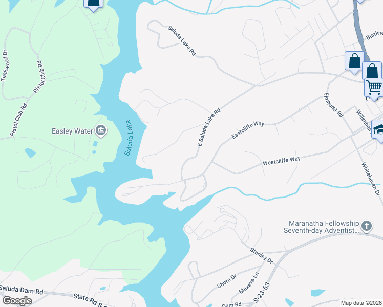 map of restaurants, bars, coffee shops, grocery stores, and more near 1616 East Saluda Lake Road in Greenville