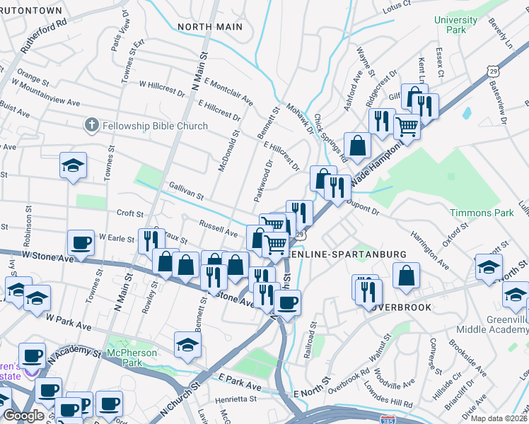 map of restaurants, bars, coffee shops, grocery stores, and more near 307 Gallivan Street in Greenville