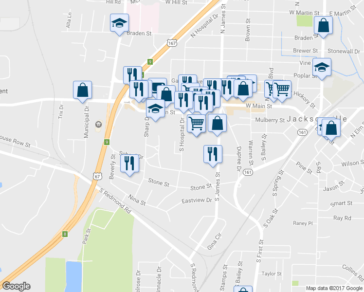 map of restaurants, bars, coffee shops, grocery stores, and more near 207 South Hospital Drive in Jacksonville