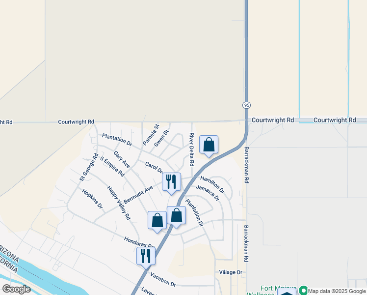 map of restaurants, bars, coffee shops, grocery stores, and more near 10047 Oaktree Drive in Mohave Valley