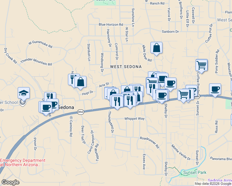 map of restaurants, bars, coffee shops, grocery stores, and more near 120 Harmony Drive in Sedona