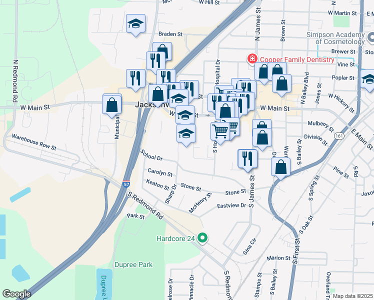 map of restaurants, bars, coffee shops, grocery stores, and more near 1320 School Drive in Jacksonville