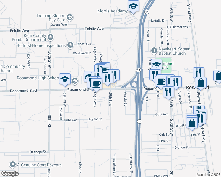 map of restaurants, bars, coffee shops, grocery stores, and more near Rosamond Boulevard & 25th Street West in Rosamond
