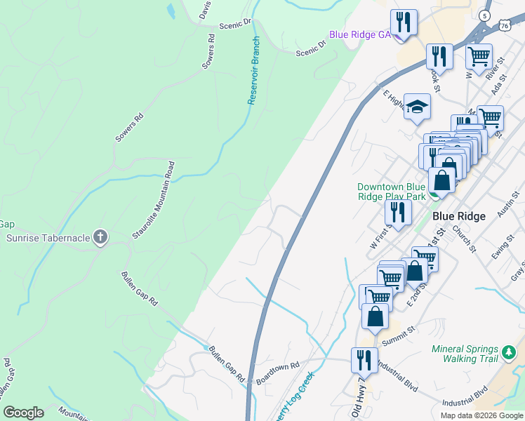 map of restaurants, bars, coffee shops, grocery stores, and more near 222 Mountain Hideaway Drive in Blue Ridge