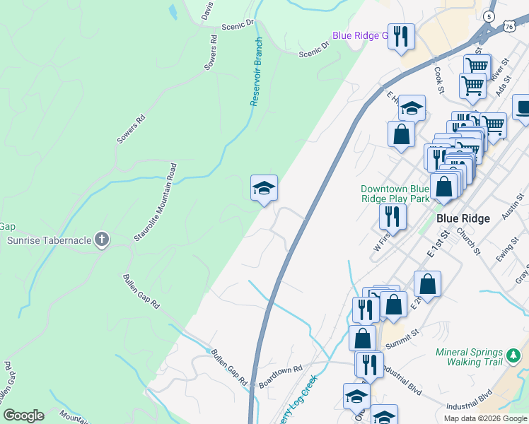 map of restaurants, bars, coffee shops, grocery stores, and more near 222 Mountain Hideaway Drive in Blue Ridge
