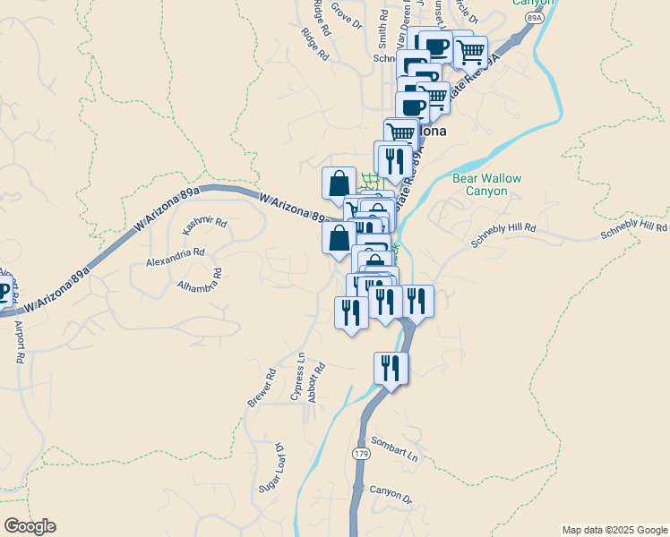 map of restaurants, bars, coffee shops, grocery stores, and more near in Sedona