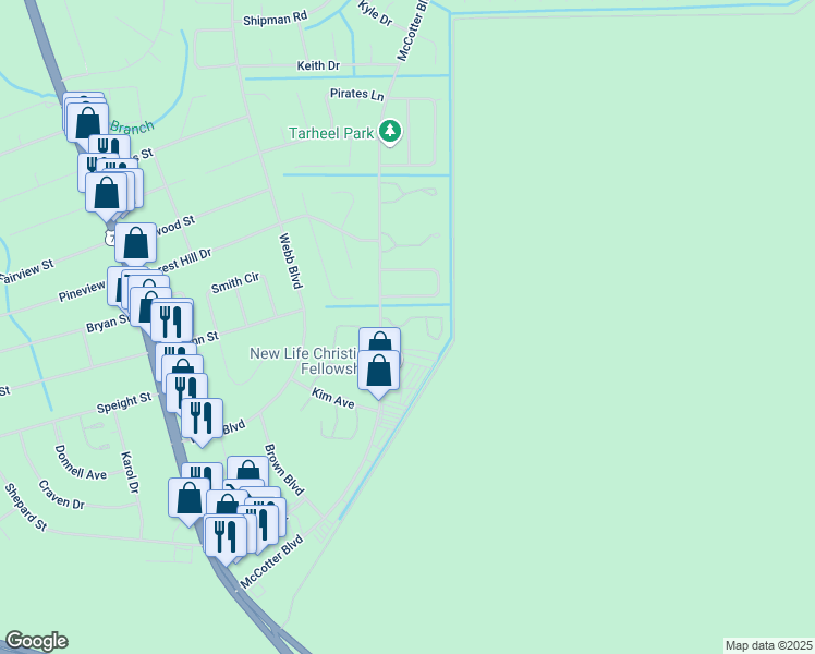 map of restaurants, bars, coffee shops, grocery stores, and more near 105 Legacy Lane in Havelock