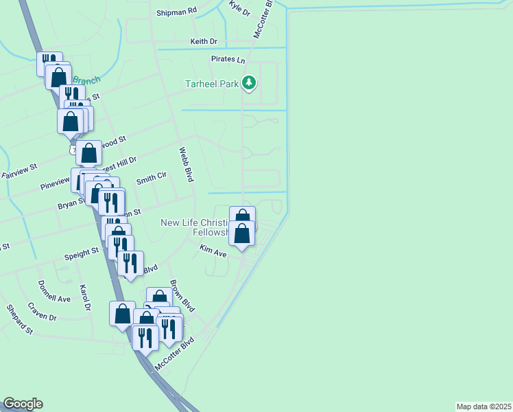 map of restaurants, bars, coffee shops, grocery stores, and more near 105 Legacy Lane in Havelock