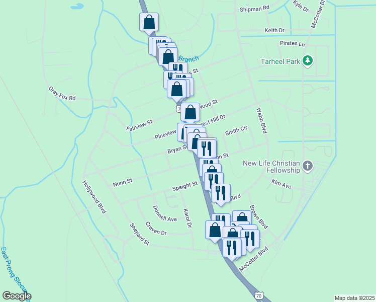 map of restaurants, bars, coffee shops, grocery stores, and more near 1000 East Main Street in Havelock