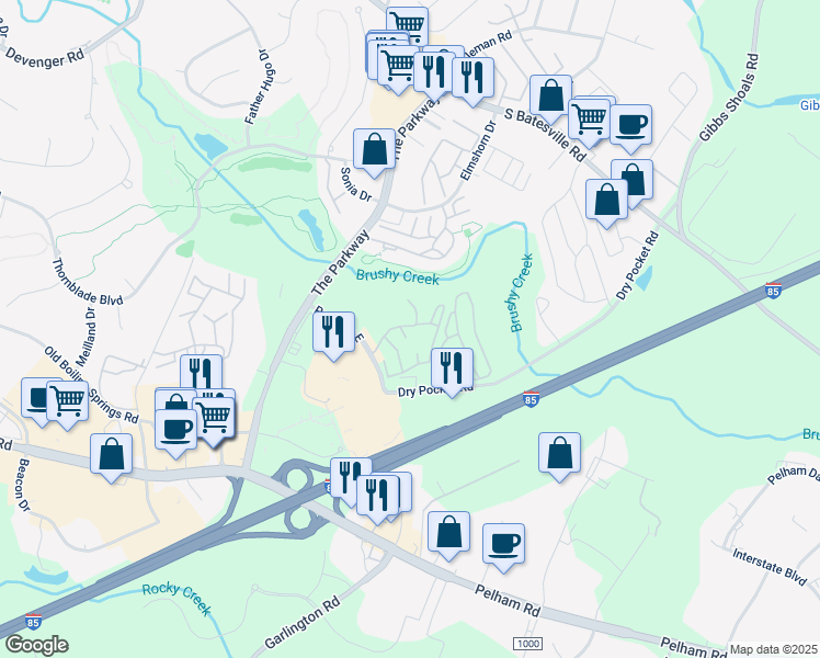 map of restaurants, bars, coffee shops, grocery stores, and more near 1017 Crestmont Way in Greenville