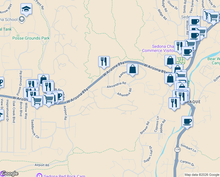 map of restaurants, bars, coffee shops, grocery stores, and more near 10 Granada Road in Sedona