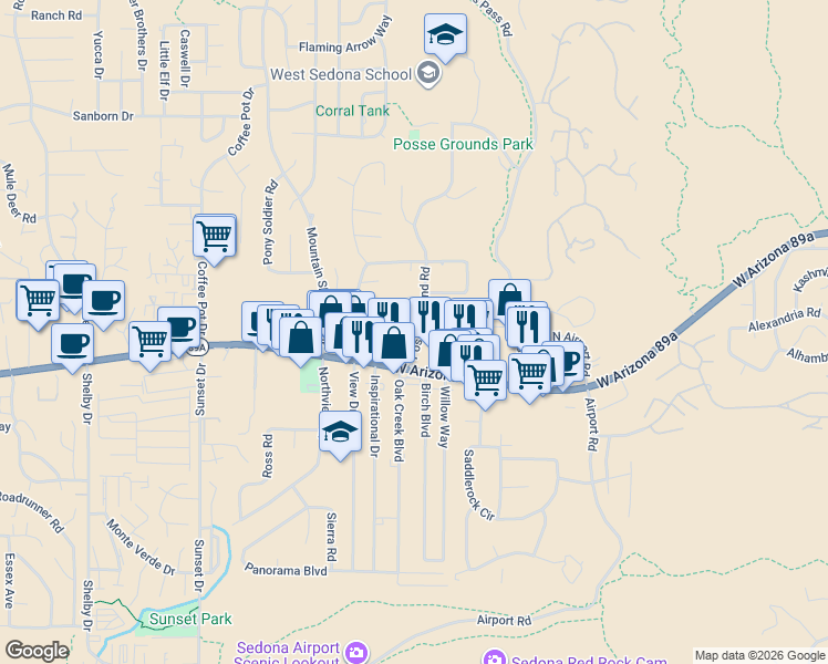 map of restaurants, bars, coffee shops, grocery stores, and more near 75 Posse Ground Road in Sedona