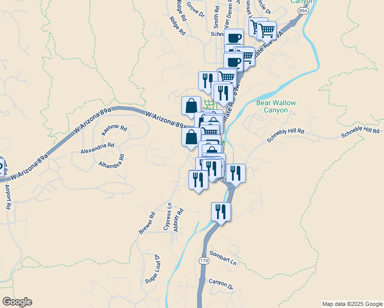 map of restaurants, bars, coffee shops, grocery stores, and more near 100 Brewer Road in Sedona