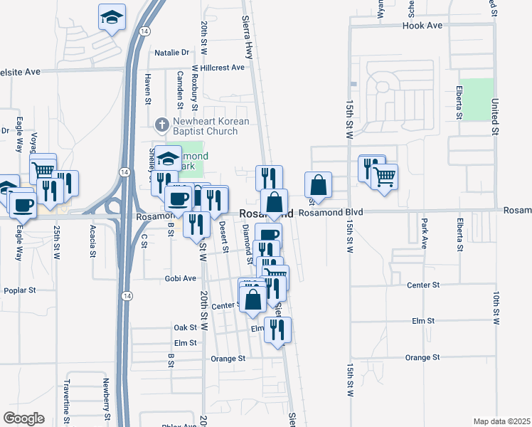map of restaurants, bars, coffee shops, grocery stores, and more near in Rosamond