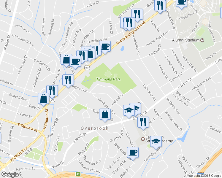 map of restaurants, bars, coffee shops, grocery stores, and more near 23 Kirkwood Lane in Greenville