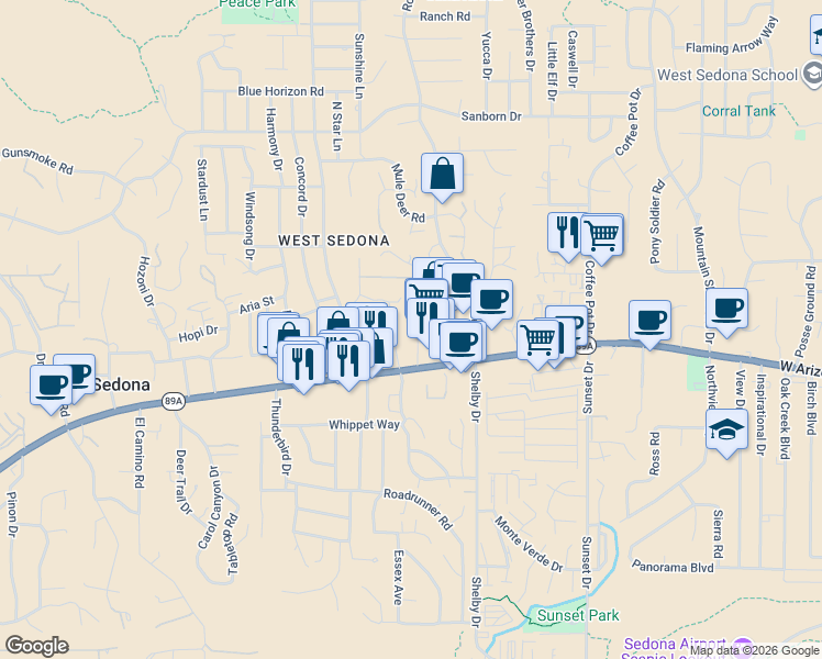 map of restaurants, bars, coffee shops, grocery stores, and more near 65 Madole Road in Sedona