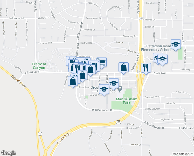 map of restaurants, bars, coffee shops, grocery stores, and more near 315 Union Avenue in Orcutt