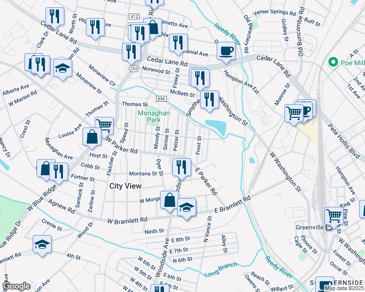 map of restaurants, bars, coffee shops, grocery stores, and more near 404 Smythe Street in Greenville