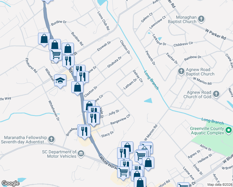 map of restaurants, bars, coffee shops, grocery stores, and more near 205 Rangeview Circle in Greenville