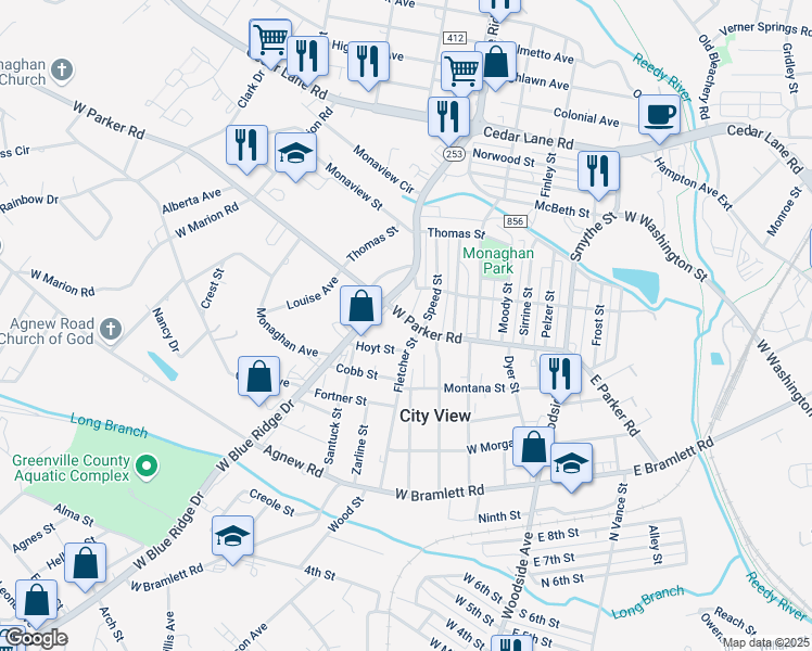 map of restaurants, bars, coffee shops, grocery stores, and more near 803 West Parker Road in Greenville