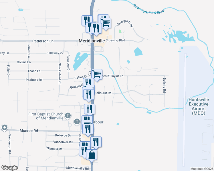 map of restaurants, bars, coffee shops, grocery stores, and more near 107 Bellhurst Circle in Meridianville