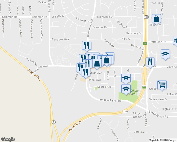 map of restaurants, bars, coffee shops, grocery stores, and more near 156 Broadway Street in Orcutt