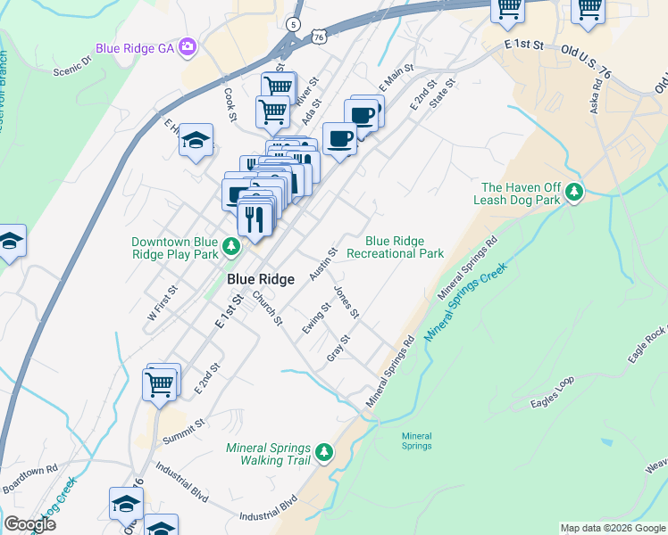 map of restaurants, bars, coffee shops, grocery stores, and more near 125 Jones Street in Blue Ridge