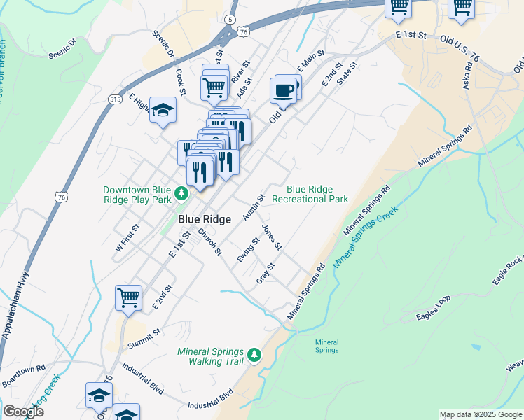 map of restaurants, bars, coffee shops, grocery stores, and more near 125 Jones Street in Blue Ridge