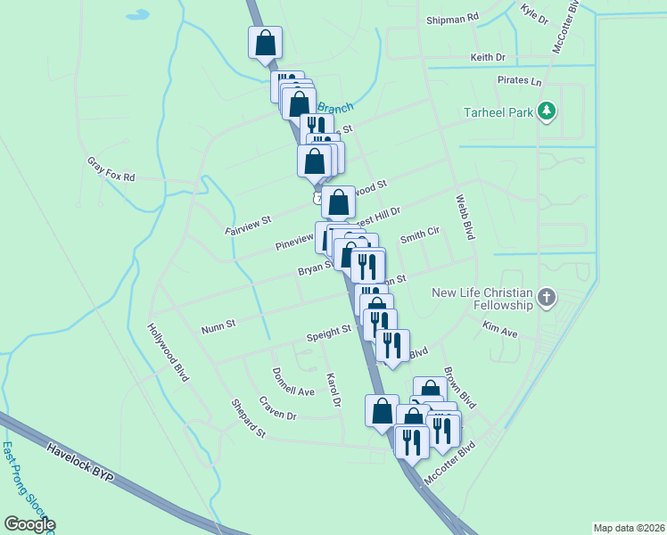 map of restaurants, bars, coffee shops, grocery stores, and more near 1000 East Main Street in Havelock