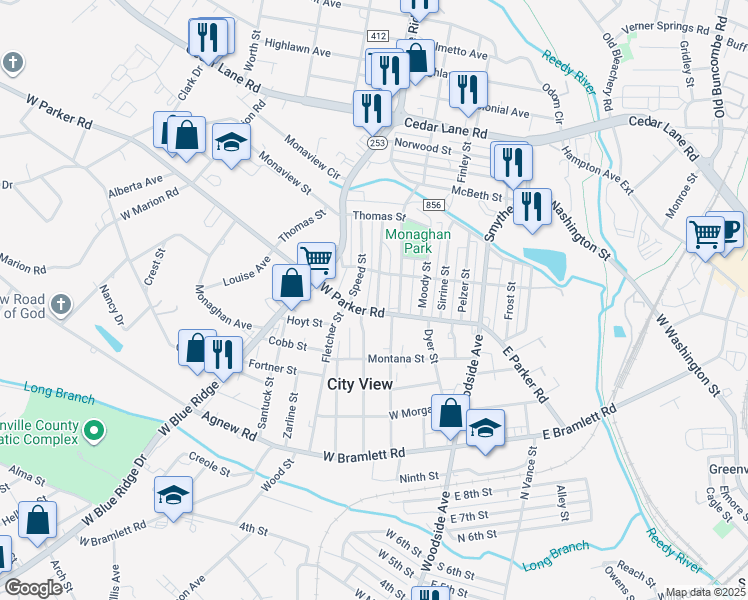 map of restaurants, bars, coffee shops, grocery stores, and more near 4 Beattie Street in Greenville