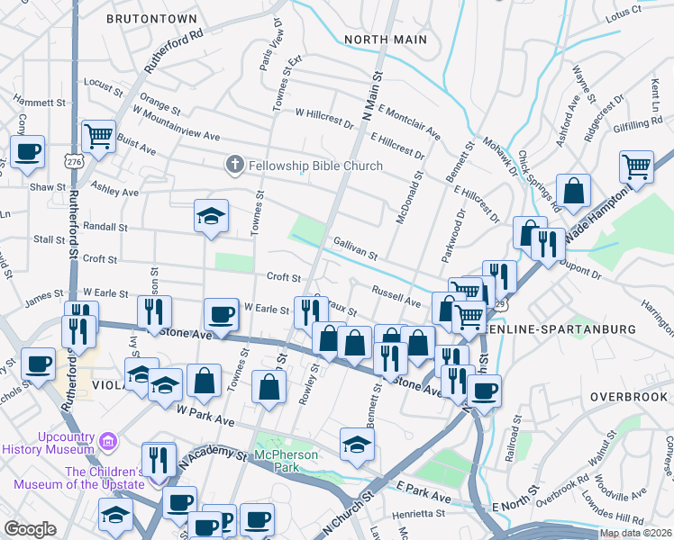 map of restaurants, bars, coffee shops, grocery stores, and more near 8301 North Main Street in Greenville