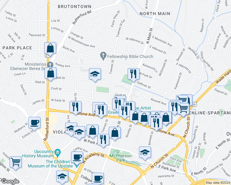 map of restaurants, bars, coffee shops, grocery stores, and more near 22 Croft Street in Greenville