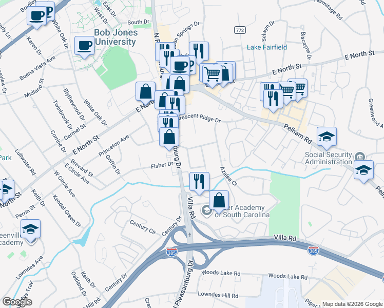 map of restaurants, bars, coffee shops, grocery stores, and more near 5 North Garden Circle in Greenville