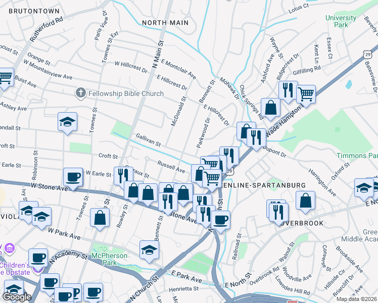 map of restaurants, bars, coffee shops, grocery stores, and more near 704 Bennett Street in Greenville