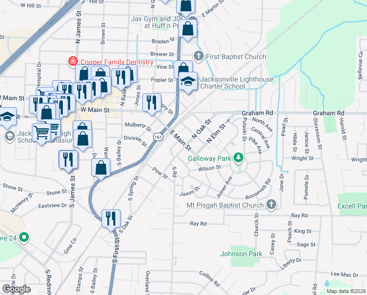 map of restaurants, bars, coffee shops, grocery stores, and more near 108 South Oak Street in Jacksonville