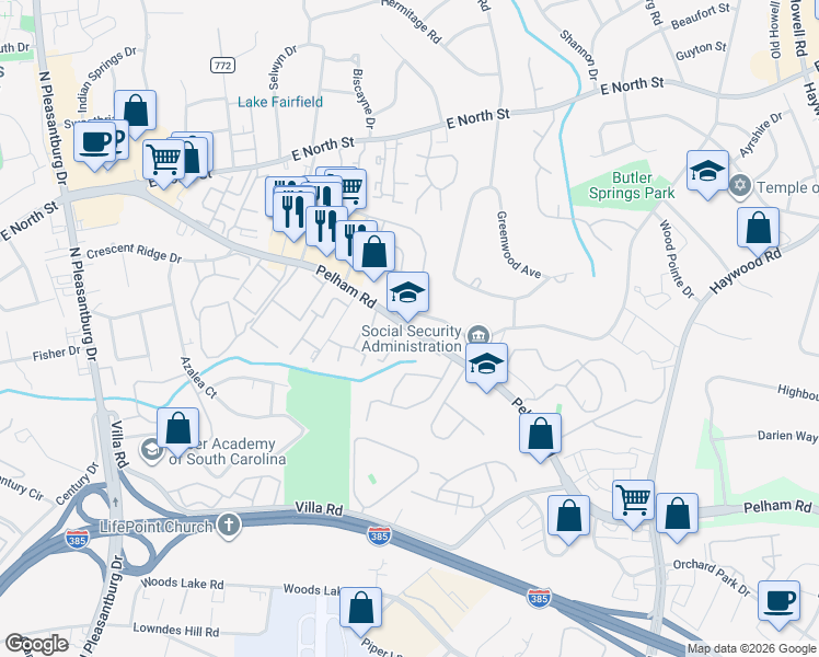 map of restaurants, bars, coffee shops, grocery stores, and more near 305 Pelham Road in Greenville