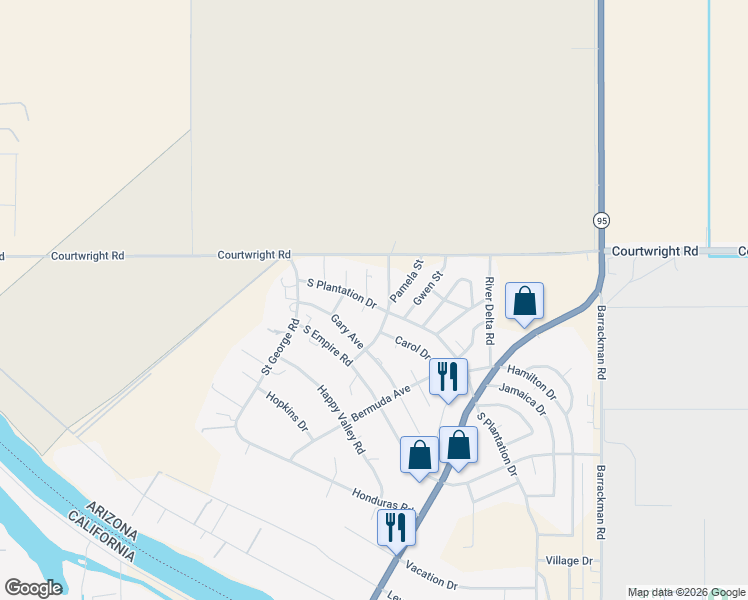 map of restaurants, bars, coffee shops, grocery stores, and more near 10066 Plantation Drive in Mohave Valley