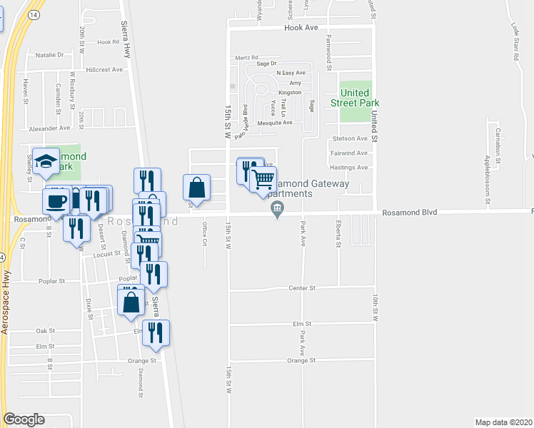map of restaurants, bars, coffee shops, grocery stores, and more near Rosamond Boulevard in Kern County