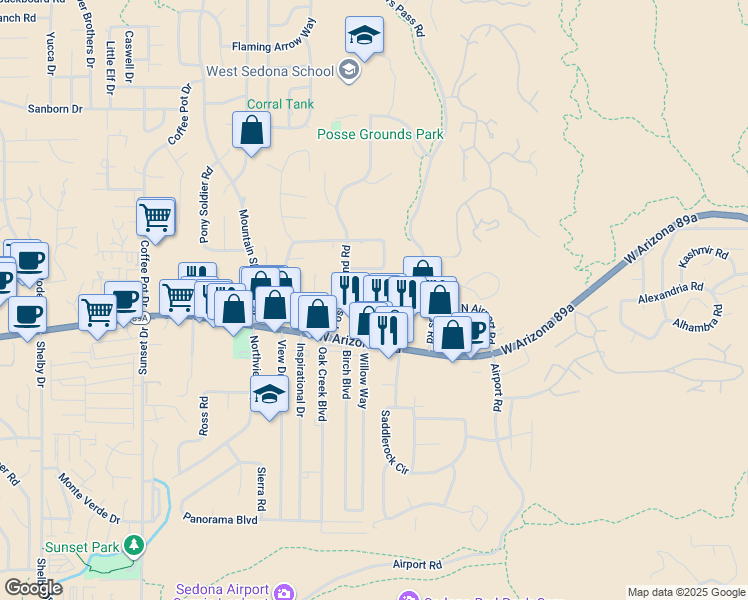 map of restaurants, bars, coffee shops, grocery stores, and more near 1426 Vista Montana Road in Sedona